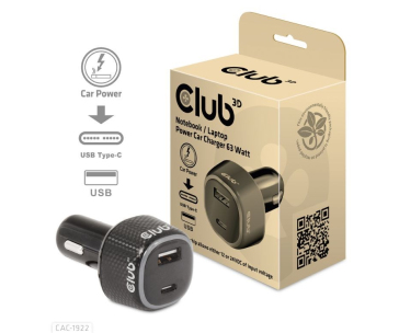 Club3D Auto nabíječka pro Notebooky 63W, 2 porty (USB-A + USB-C)