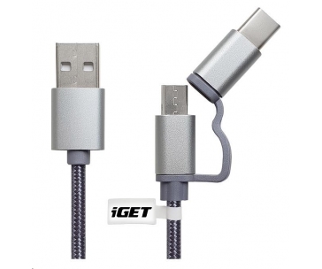 iGET G2V1 USB kabel 2v1, 1m, stříbrný, microUSB i USB-C, prodloužené koncovky