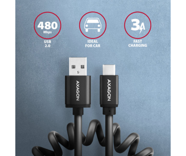 AXAGON BUCM-AM10TB, TWISTER kabel USB-C <-> USB-A, 0.6m, USB 2.0, 3A, ALU, tpe, černý