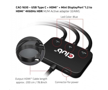 Club3D adaptér aktivní USB Type-C + Mini DP 1.2 + HDMI na HDMI 4K60Hz HDR, M/M, 32AWG
