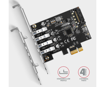 AXAGON PCEU-43RS, PCIe řadič, 4x USB 3.2 Gen 1 port, 5 Gbps, napájení z PCIe nebo SATA, SP & LP