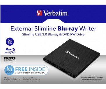 VERBATIM externí mechanika Slimline Blu-ray Rewriter USB 3.0 Zdarma BR Disc 25GB (CD DVD BD Mdisc) +NERO