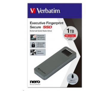 VERBATIM externí SSD 1TB, Executive Fingerprint Secure SSD, USB 3.2 Gen 1/USB-C, (W:356 MB/s, R:344 MB/s), šedá