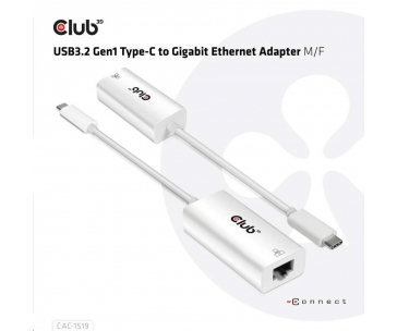 Club3D Adaptér aktivní USB 3.2 typ C na LAN (Gigabit Ethernet - 1Gb), 20cm