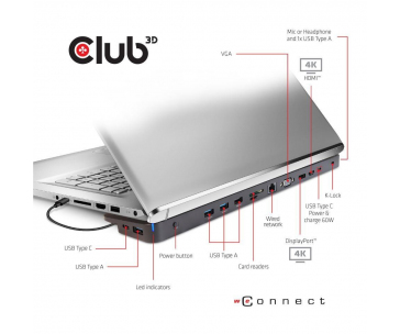Club3D dokovací stanice USB-C 3.2 s napájecím adaptérem Triple Dynamic Display PD, 100 W