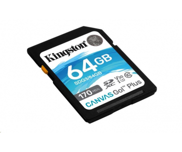 Kingston SDXC karta 64GB Canvas Go! Plus, R:170/W:90MB/s, Class 10, UHS-I, U3, V30