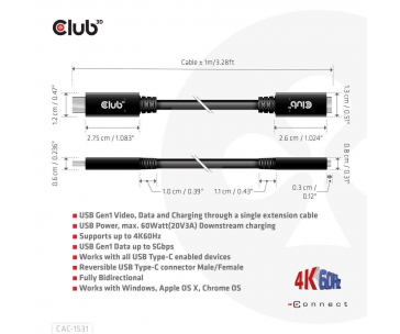 Club3D Prodlužovací kabel USB-C, 5Gbps, 60W(20V/3A), 4K60Hz (M/F), 1m