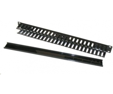 19" vyvazovací panel 1U, kovový s plastovým krytem, 40x50mm, průchozí, černý