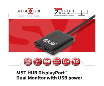 Club3D Video hub MST (Multi Stream Transport) DisplayPort na 2x DisplayPort, USB napájení