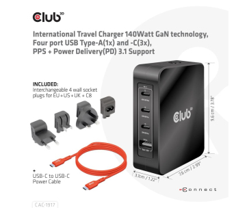 Club3D cestovní nabíječka 140W GaN technologie, 3xUSB-C, 1xUSB-A, PPS + PD 3.1 Support