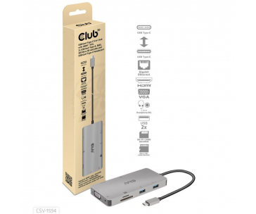 Club3D hub USB-C, 9-in-1 hub s HDMI, VGA, 2x USB Gen1 Type-A, RJ45, 100W PD