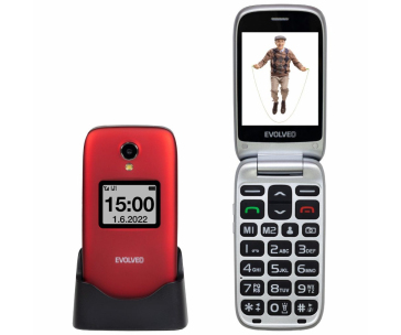 EVOLVEO EasyPhone FS, vyklápěcí mobilní telefon 2.8" pro seniory s nabíjecím stojánkem (červená barva)