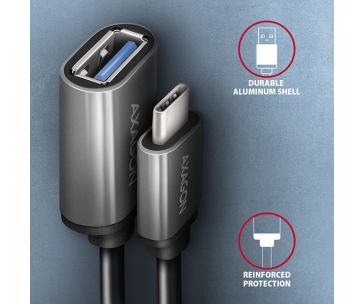 AXAGON RUCM-AFAC, kabelová redukce USB-C (M) <-> USB-A (F), 20cm, USB 3.2 Gen 1, 3A, ALU