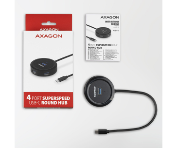 AXAGON HUE-P1C, 4x USB 3.2 Gen 1 ROUND hub, micro USB napájecí konektor, kabel USB-C 30cm