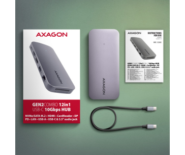 AXAGON HMC-12GM2, USB 10Gbps hub, 3x USB-A, USB-C, HDMI, DP, RJ-45 GLAN, M.2, SD/mSD, audio, PD 100W, kabel USB-C 50cm