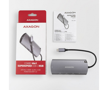 AXAGON HMC-6M2, USB 3.2 Gen 1 hub, porty 2x USB-A, HDMI, RJ-45 GLAN, SATA M.2 slot, PD 100W, kabel USB-C 18cm