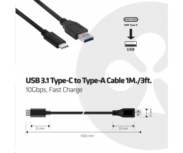 Club3D Kabel USB 3.1 typ C na USB 3.1 typ A, 10Gbps Power Delivery 60W (M/M), 1m