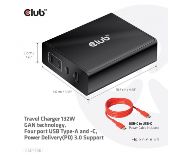 Club3D cestovní nabíječka 132W GAN technologie, 4xUSB-A a USB-C, PD 3.0 Support
