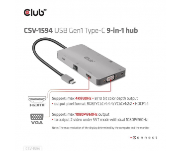 Club3D hub USB-C, 9-in-1 hub s HDMI, VGA, 2x USB Gen1 Type-A, RJ45, 100W PD