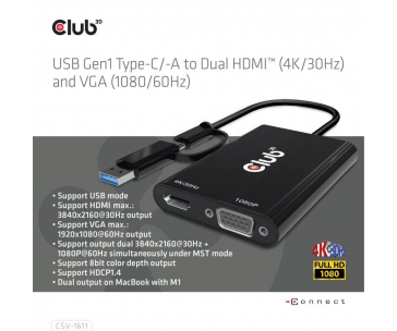 Club3D adaptér USB Gen1 Type-C/-A to Dual HDMI (4K/30Hz) / VGA (1080/60Hz)