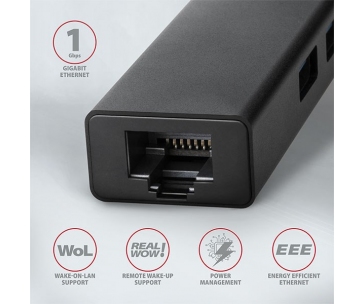 AXAGON HMA-GL3A, USB 3.2 Gen 1 hub, porty 3x USB-A + Gigabit Ethernet, kovový, kabel USB-A 20cm
