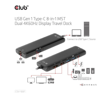 Club3D Dokovací stanice USB-C, 8-in-1 MST Dual (1x HDMI/1x DP) 4K60Hz, Display Travel Dock