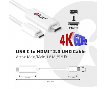 Club3D Kabel aktivní USB typ C na HDMI 2.0 4K60Hz UHD, 1,8m