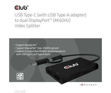 Club3D Video hub MST USB-C (USB-A adaptér) na 2xDP 4K60Hz Video splitter