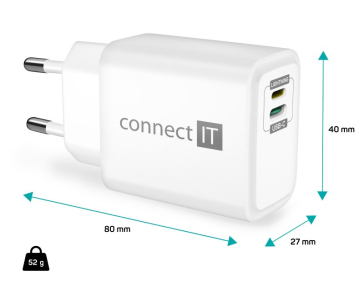 CONNECT IT Duplex nabíjecí adaptér 1xLightning, 1×USB-C, 20W, 1xLightning - USB-C kabel, bílá