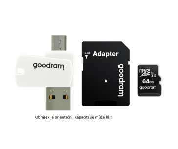 GOODRAM microSDHC karta 16GB M1A4 All-in-one (R:100/W:10 MB/s), UHS-I Class 10, U1 + Adapter + OTG card reader/čtečka