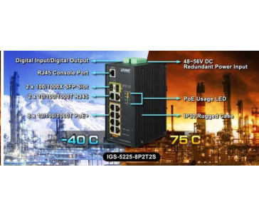 Planet switch IGS-5225-8P2T2S, PoE 8x 1000Base-T, 2x SFP, L2, SNMPv3, ONVIF, -40 až 75°C, 2x DC, IP30, 802.3at 240W