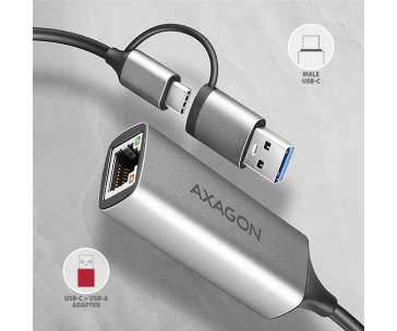 AXAGON ADE-TXCA, USB-C + USB-A 3.2 Gen 1 - Gigabit Ethernet síťová karta, Asix AX88179, auto instal