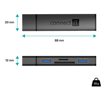 CONNECT IT Hub Compact 4v1, 2xUSB 3.0, 1xSD, 1xMicroSD, externí, černá