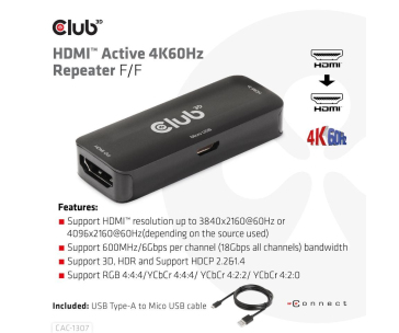 Club3D Adaptér aktivní HDMI 4K60Hz (F/F), černá