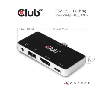 Club3D Dokovací stanice USB Type C 4-in-1 Hub to HDMI™ 4K60Hz USB Type C PD / USB Type A / Audio jack