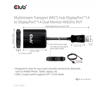 Club3D Video adaptér MST (Multi Stream Transport) DisplayPort 1.4 na DisplayPort 1.4 Dual Monitor 4K60Hz (M/F), černá