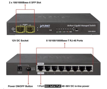 Planet GSD-1002M Switch, 8 x 10/100/1000 + 2 x 100/1000 Combo port, management, PoE-in napájení