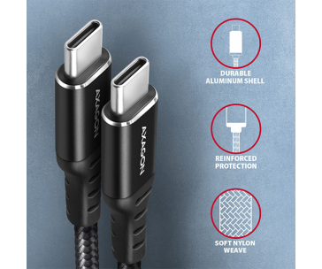 AXAGON BUCM-CM10AB, HQ kabel USB-C <-> USB-C, 1m, USB 2.0, PD 60W 3A, ALU, oplet, černý