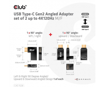 Club3D set adapterů USB-C Gen2 angled adapter set of 2, 4K120Hz, 240W, (M/F)