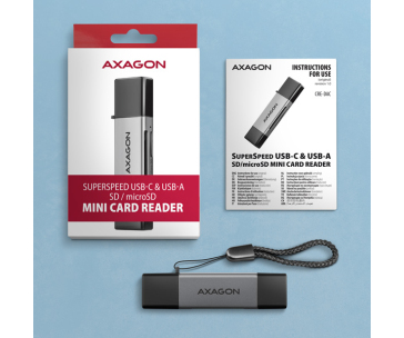AXAGON CRE-DAC, USB-C + USB-A, 5 Gbps - MINI čtečka karet, 2-slot & lun SD/microSD, podpora UHS-I