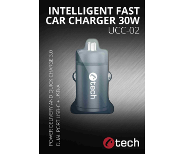 C-TECH nabíječka USB do auta UCC-02, 1x Type C + 1 x Type A, 30W