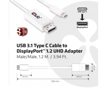 Club3D Adaptér USB 3.1 typ C na DisplayPort 1.2 4K60Hz UHD 1,2m (M/M)