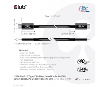 Club3D kabel USB4 Gen3x2 Typ-C, Oboustranný USB-IF Certifikovaný data kabel, Data 40Gbps, PD 240W(48V/5A) EPR M/M 1m