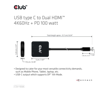 Club3D Video hub MST USB-C na 2xHDMI + USB-C PD 3.0, 4K60Hz