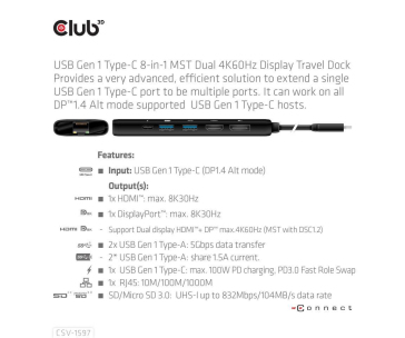 Club3D Dokovací stanice USB-C, 8-in-1 MST Dual (1x HDMI/1x DP) 4K60Hz, Display Travel Dock
