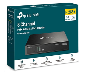 TP-Link VIGI NVR1008H-8MP, videorekordér, 8 channels, 8xPoE, 1x100Mb/s LAN, 1xVGA, 1xHDMI, 2xUSB2.0