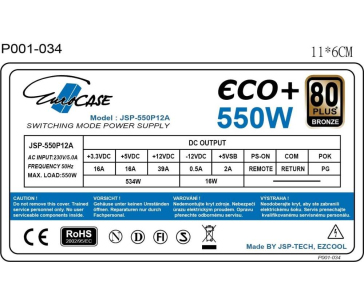 EUROCASE zdroj 550W Eco+, 120mm, 80+ Bronze, ATX