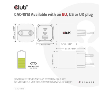 Club3D cestovní nabíječka 65W GAN technologie, 3 porty (2xUSB-C + USB-A), PPS, Power Delivery(PD) 3.0 Support