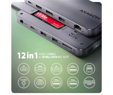 AXAGON HMC-12GM2, USB 10Gbps hub, 3x USB-A, USB-C, HDMI, DP, RJ-45 GLAN, M.2, SD/mSD, audio, PD 100W, kabel USB-C 50cm