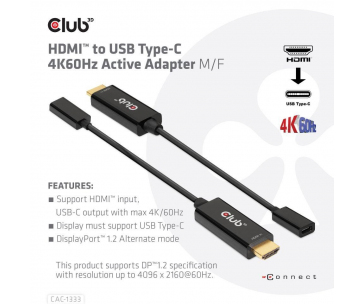 Club3D aktivní adaptér HDMI na USB-C, 4K60Hz, M/F